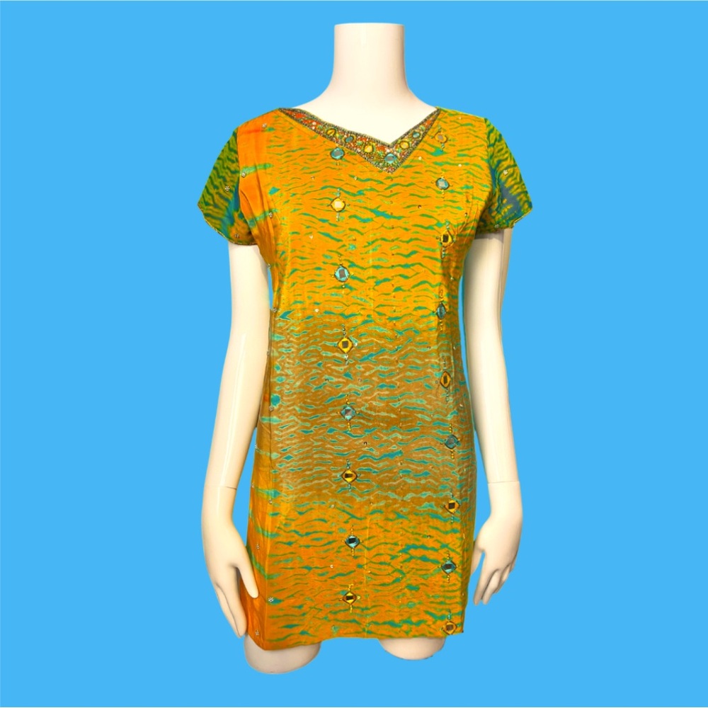 Size M-L Vintage Tie-Dye Multicolor Mirrors Beads Tunic Dress High Slits Party